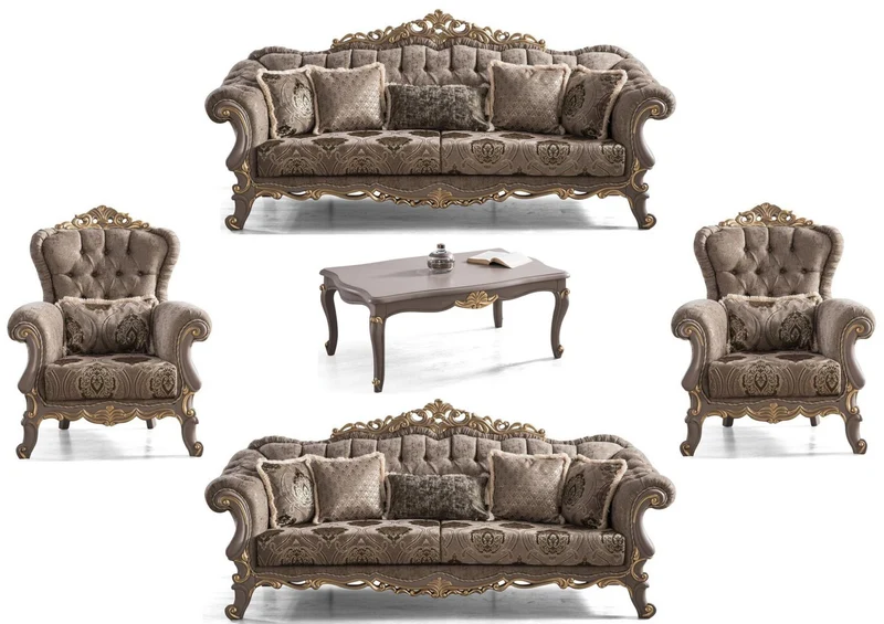 Casa Padrino Luxus Barock Wohnzimmer Set Braun / Grau / Gold - 2 Sofas & 2 Sessel & 1 Couchtisch - Prunkvolle Barock Wohnzimmer Möbel