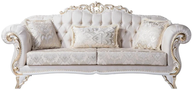 Casa Padrino Luxus Barock Wohnzimmer Set Creme / Weiß / Gold - 2 Sofas & 2 Sessel & 1 Couchtisch - Wohnzimmer Möbel im Barockstil - Edel & Prunkvoll