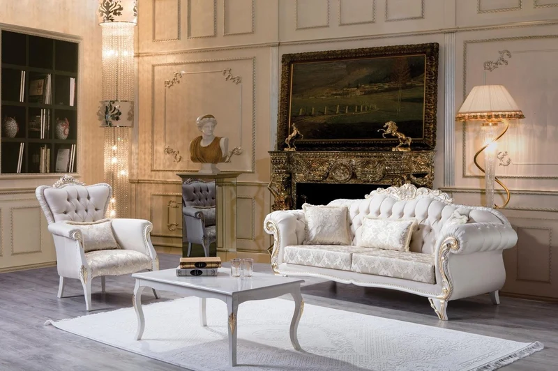 Casa Padrino Luxus Barock Wohnzimmer Set Creme / Weiß / Gold - 2 Sofas & 2 Sessel & 1 Couchtisch - Wohnzimmer Möbel im Barockstil - Edel & Prunkvoll