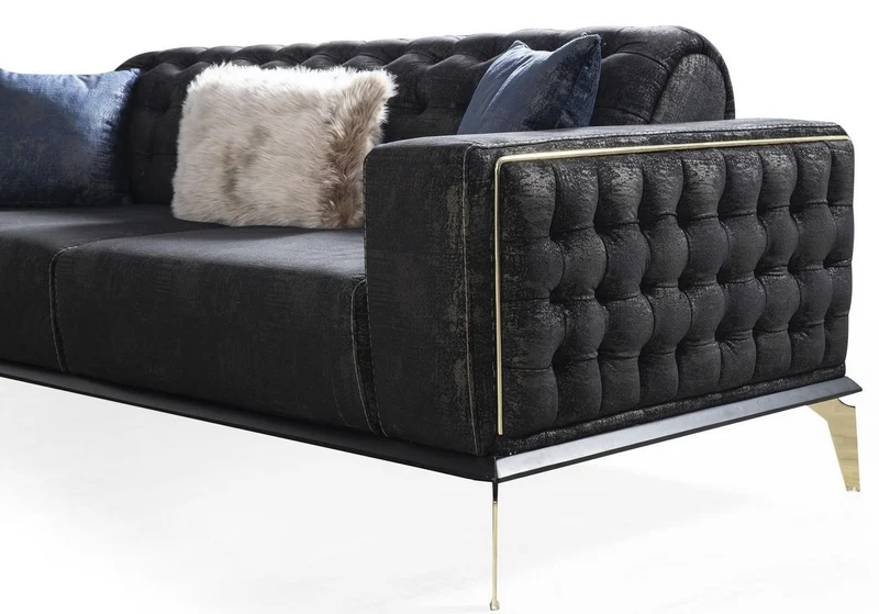 Casa Padrino Luxus Art Deco Chesterfield Wohnzimmer Set Schwarz / Blau / Weiß - 2 Sofas & 2 Drehsessel & 1 Couchtisch - Edle Wohnzimmer Möbel