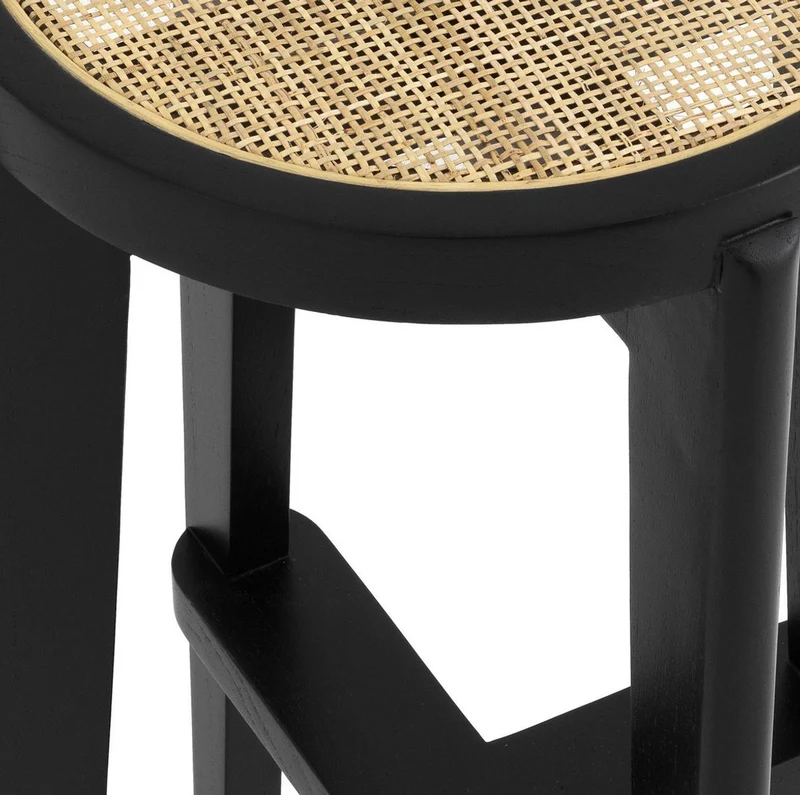 Casa Padrino Luxus Barhocker Schwarz / Naturfarben Ø 44 x H. 76,5 cm - Runder Massivholz Barstuhl - Bar Möbel