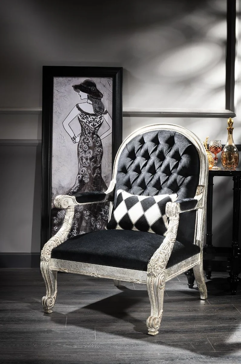 Casa Padrino Luxus Barock Sessel Schwarz / Antik Silber 80 x 84 x H. 115 cm - Wohnzimmer Sessel im Barockstil - Barock Wohnzimmer Möbel