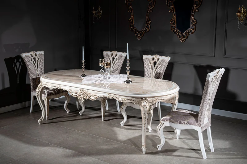 Casa Padrino Luxus Barock Esszimmer Set Lila / Beige / Weiß / Gold - 1 Ovaler Esstisch & 6 Esszimmerstühle mit elegantem Muster - Barock Esszimmer Möbel - Edel & Prunkvoll