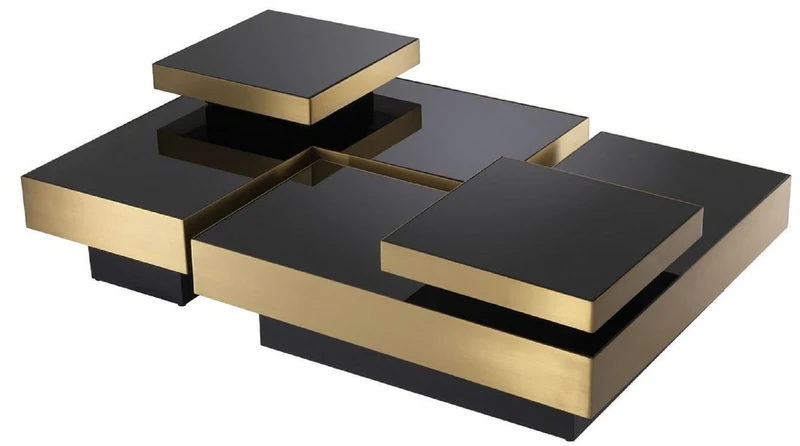 Casa Padrino Luxus Couchtisch Set Messingfarben / Schwarz - 2 L-förmige Wohnzimmertische mit 2 quadratischen Tabletts - Wohnzimmer Möbel - Luxus Kollektion