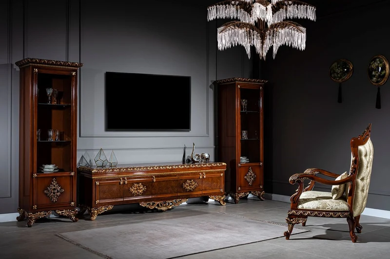 Casa Padrino Luxus Barock Möbel Set Braun / Gold - Edler Massivholz TV Schrank mit 2 Vitrinen - Barock Wohnzimmer Möbel