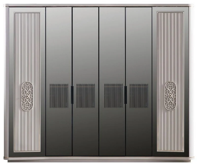 Casa Padrino Luxus Art Deco Schlafzimmerschrank Weiß / Schwarz 265 x 67 x H. 220 cm - Edler Massivholz Kleiderschrank mit 6 verspiegelten Türen - Schlafzimmer Möbel - Luxus Qualität