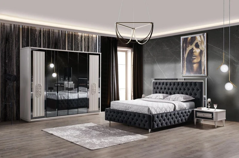 Casa Padrino Luxus Art Deco Schlafzimmerschrank Weiß / Schwarz 265 x 67 x H. 220 cm - Edler Massivholz Kleiderschrank mit 6 verspiegelten Türen - Schlafzimmer Möbel - Luxus Qualität