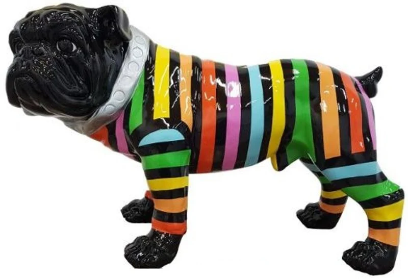 Casa Padrino Designer Dekofigur Hund Bulldogge Schwarz / Bunte Streifen 59 x H. 40 cm - Wetterbeständige Deko Skulptur - Wohnzimmer Deko - Garten Deko - Designer Deko Tierfigur