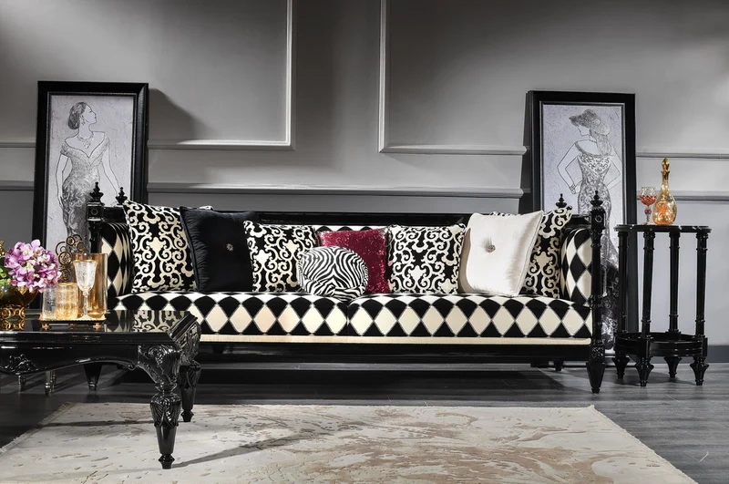 Casa Padrino Luxus Barock Sofa Weiß / Schwarz 240 x 96 x H. 83 cm - Wohnzimmer Sofa mit elegantem Muster - Edel & Prunkvoll