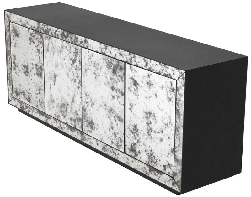 Casa Padrino Luxus Sideboard Anthrazitgrau / Antikes Spiegelglas 200 x 49,5 x H. 79 cm - Massivholz Schrank mit 4 verspiegelten Türen - Luxus Qualität