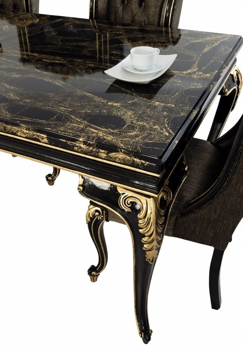 Casa Padrino Luxus Barock Esszimmer Set Schwarz / Gold - 1 Esszimmertisch & 6 Esszimmerstühle - Edle Barock Esszimmer Möbel - Edel & Prunkvoll
