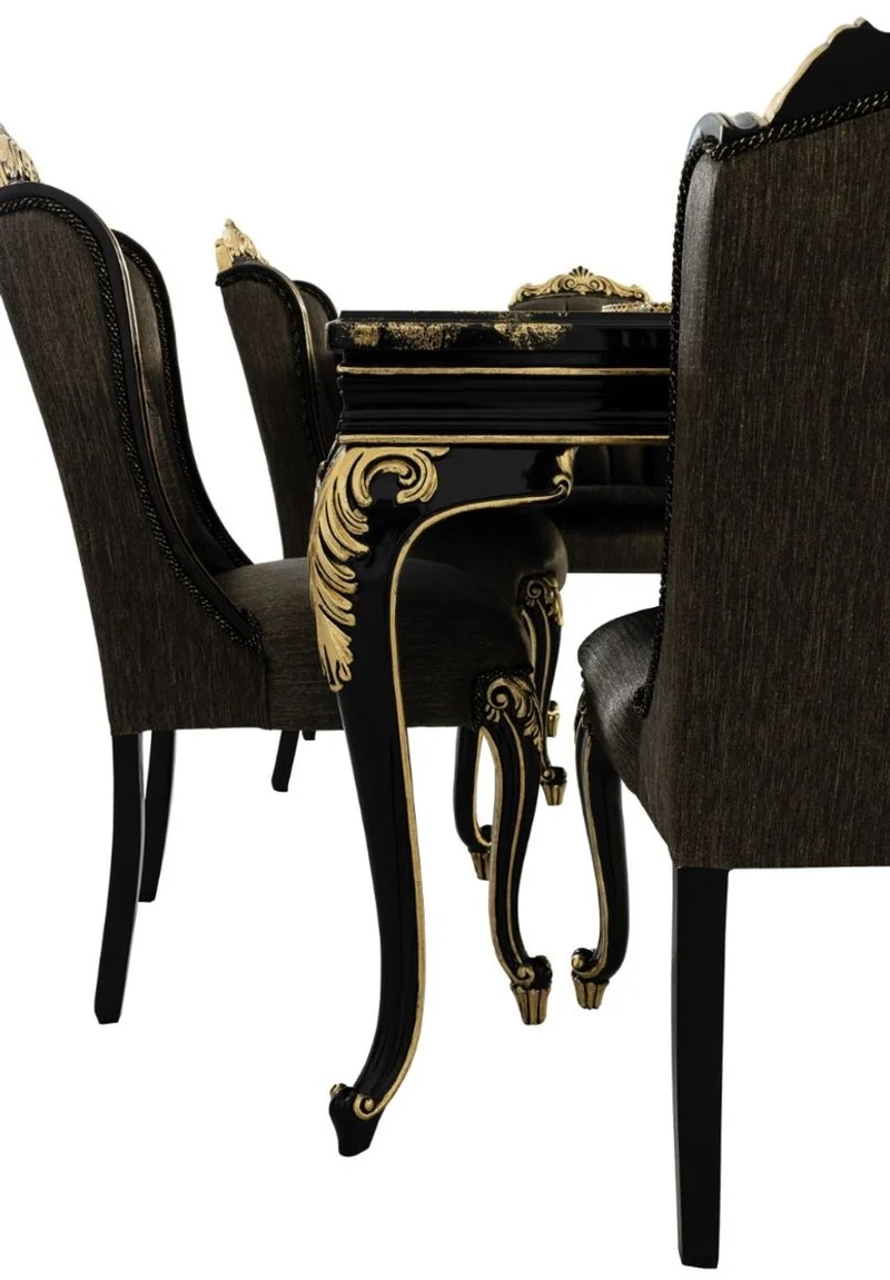 Casa Padrino Luxus Barock Esszimmer Set Schwarz / Gold - 1 Esszimmertisch & 6 Esszimmerstühle - Edle Barock Esszimmer Möbel - Edel & Prunkvoll