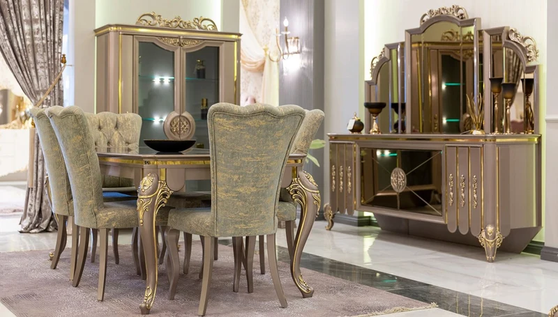 Casa Padrino Luxus Barock Esszimmer Set Grün / Gold / Grau - 1 Esstisch & 6 Esszimmerstühle - Prunkvolle Esszimmermöbel im Barockstil - Luxus Qualität