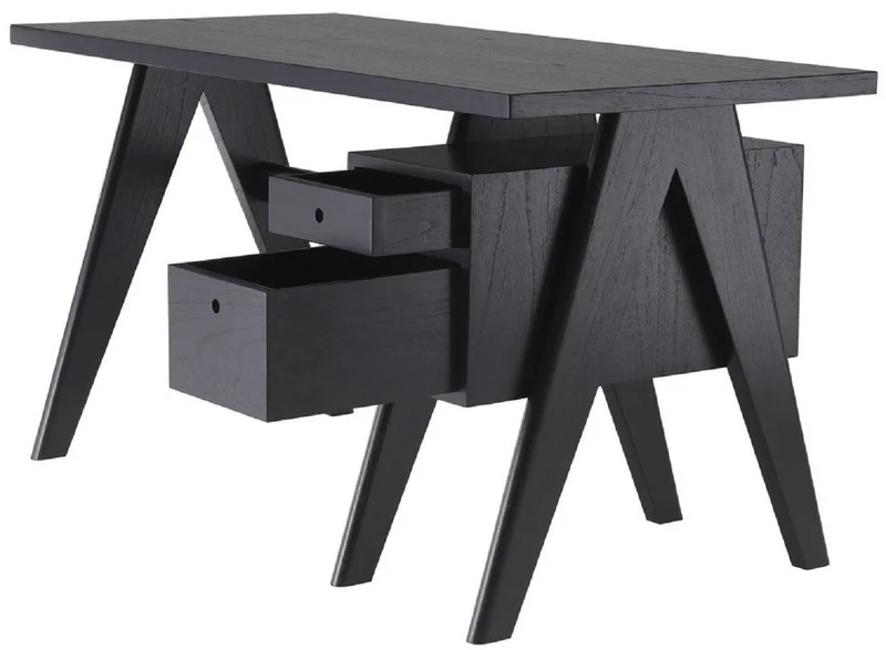 Casa Padrino Luxus Schreibtisch Schwarz 140 x 69 x H. 77 cm - Eleganter Massivholz Schreibtisch mit 2 Schubladen - Luxus Büro Möbel