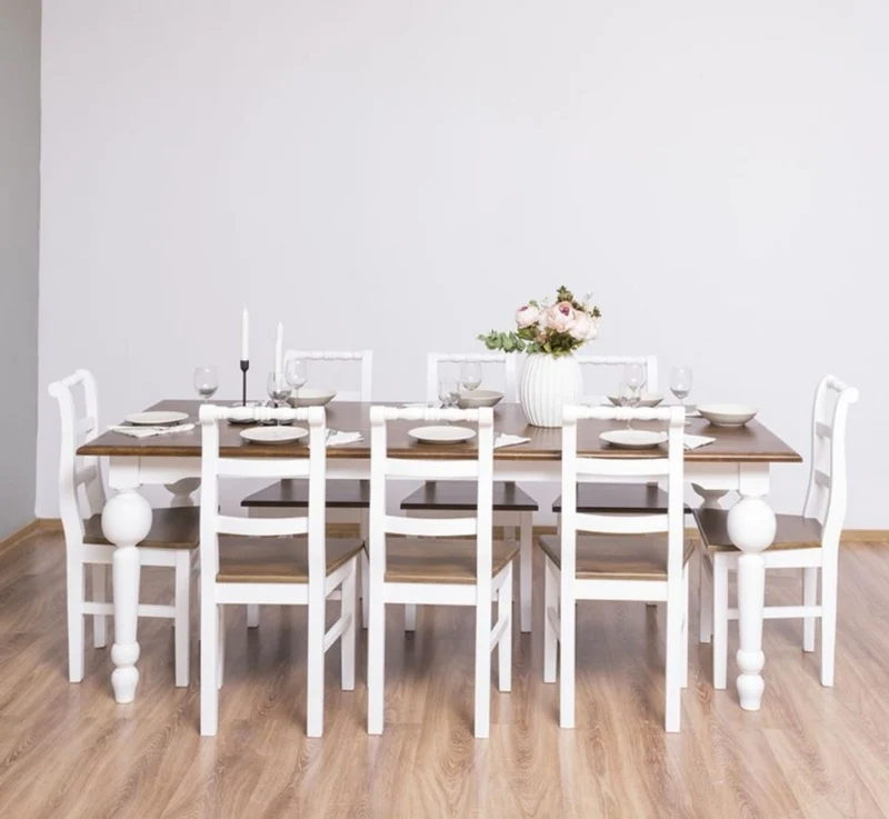 Casa Padrino Landhausstil Esszimmer Möbel Set Braun / Weiß - 1 Esstisch & 8 Esszimmerstühle - Massivholz Esszimmer Möbel - Landhausstil Möbel