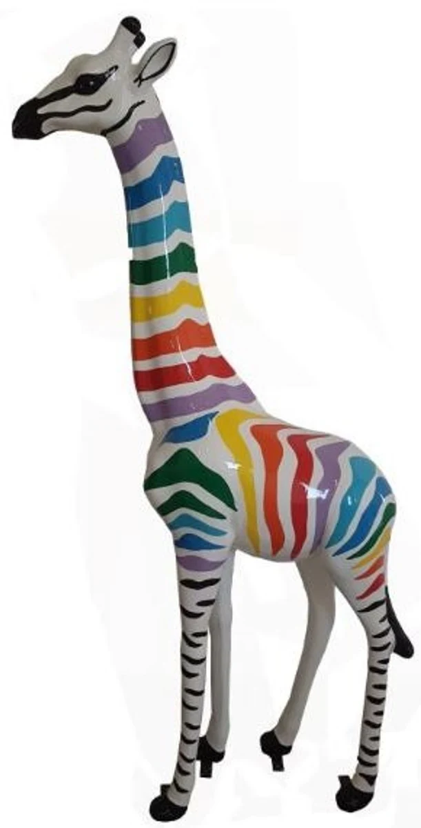 Casa Padrino Designer Deko Giraffe mit Streifen Weiß / Mehrfarbig H. 205 cm - Riesige Dekofigur - Gartendeko Skulptur - Gartenfigur