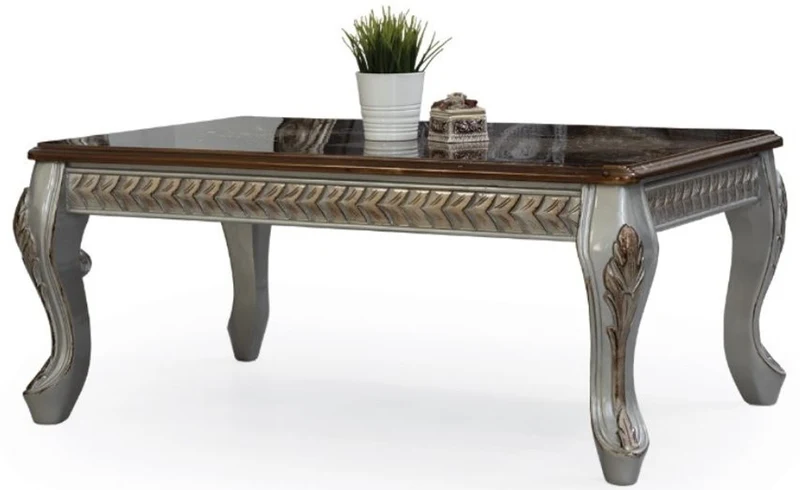 Casa Padrino Luxus Barock Couchtisch Braun / Silber / Bronze 115 x 77 x H. 48 cm - Massivholz Wohnzimmertisch - Wohnzimmer Möbel im Barockstil