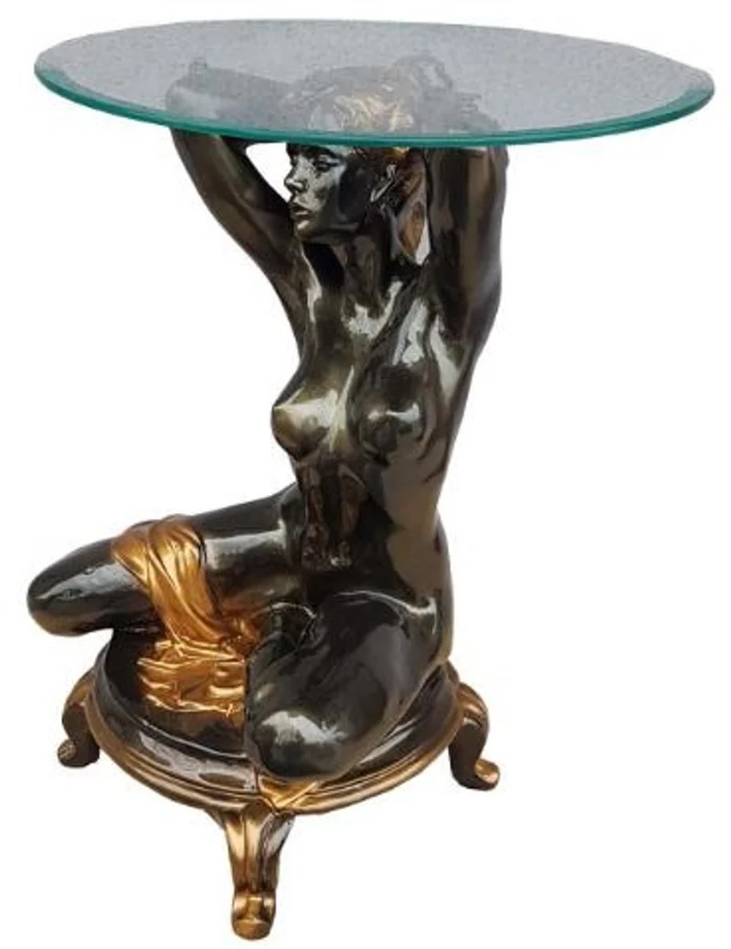 Casa Padrino Jugendstil Beistelltisch kniende Frau Schwarz / Gold Ø 45 x H. 63,5 cm - Eleganter Tisch mit runder Glasplatte - Wohnzimmer Möbel