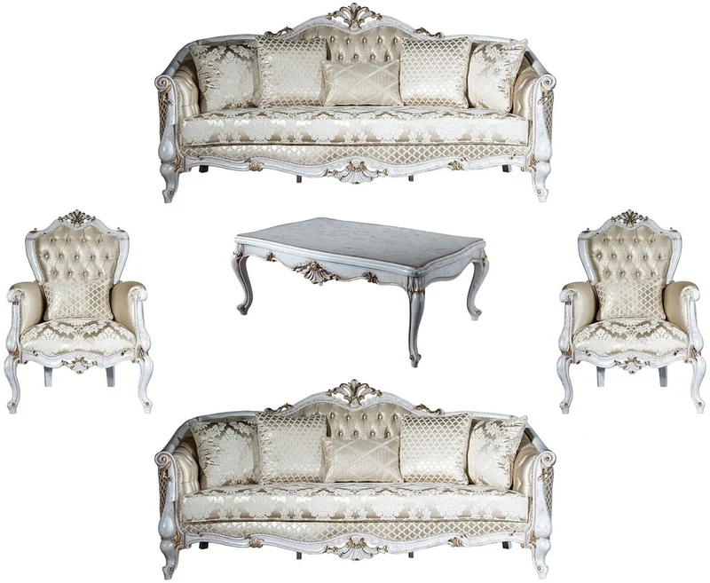 Casa Padrino Luxus Barock Wohnzimmer Set Gold Muster / Antik Weiß / Gold - 2 Sofas & 2 Sessel & 1 Couchtisch - Wohnzimmer Möbel im Barockstil - Edel & Prunkvoll