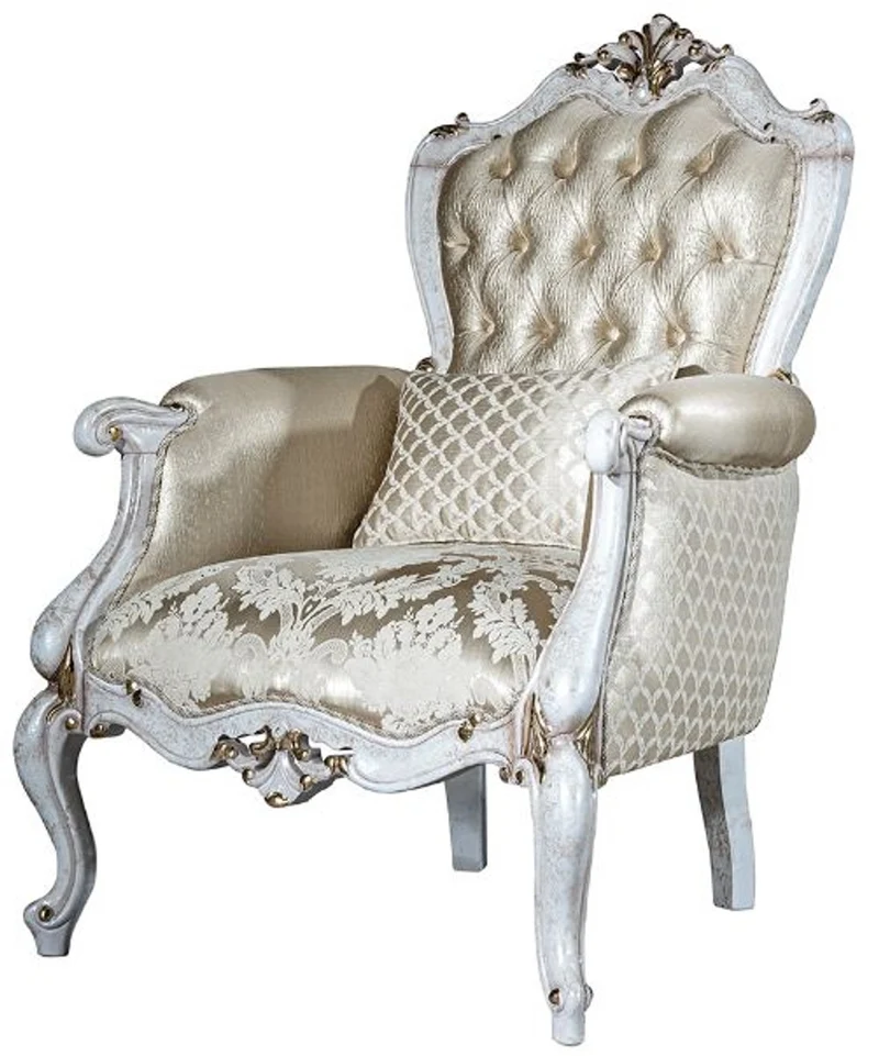 Casa Padrino Luxus Barock Wohnzimmer Set Gold Muster / Antik Weiß / Gold - 2 Sofas & 2 Sessel & 1 Couchtisch - Wohnzimmer Möbel im Barockstil - Edel & Prunkvoll