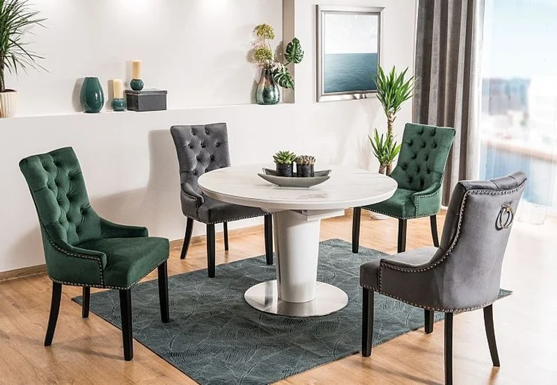 Casa Padrino Luxus Chesterfield Esszimmer Stuhl Grau / Silber / Schwarz - Küchenstuhl mit Samtstoff - Esszimmer Möbel