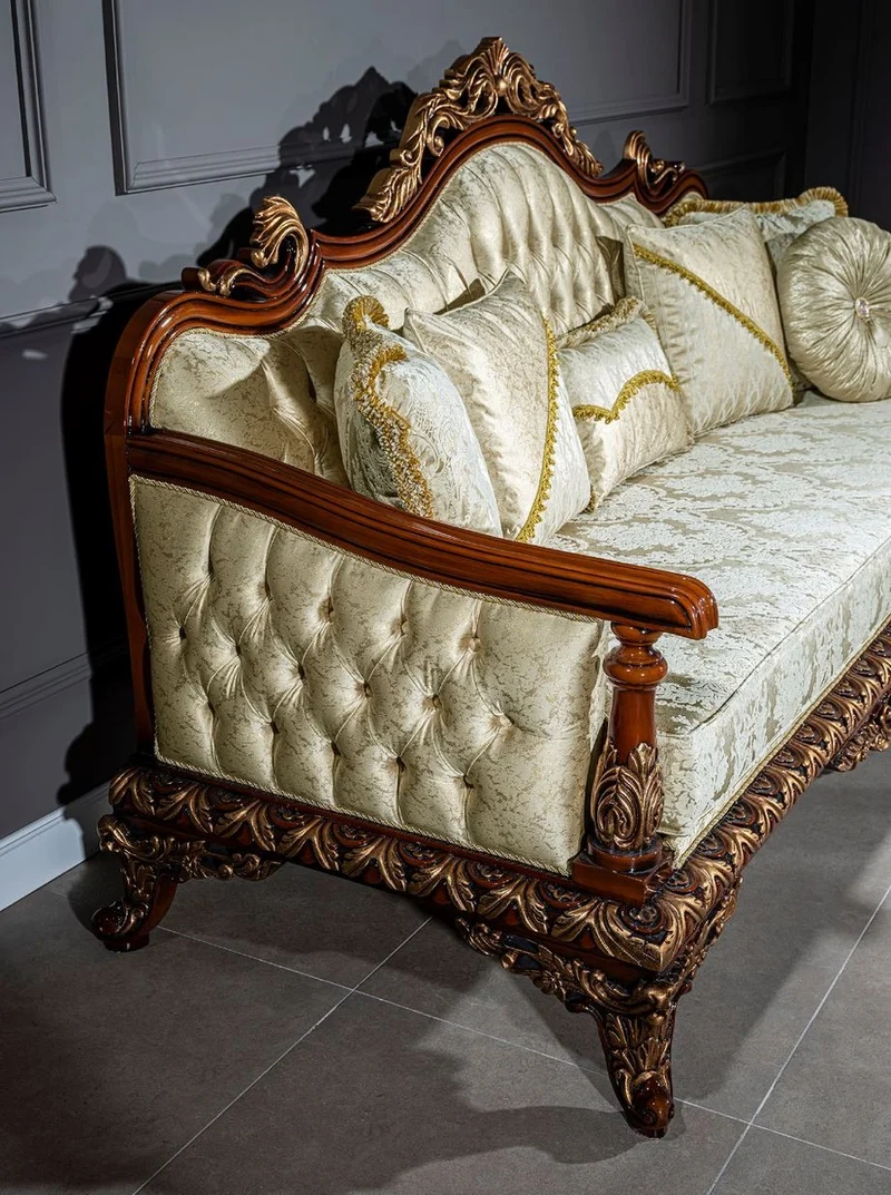Casa Padrino Luxus Barock Sofa Gold / Braun / Bronze 245 x 92 x H. 127 cm - Wohnzimmer Sofa mit elegantem Muster und dekorativen Kissen - Edle Barock Möbel