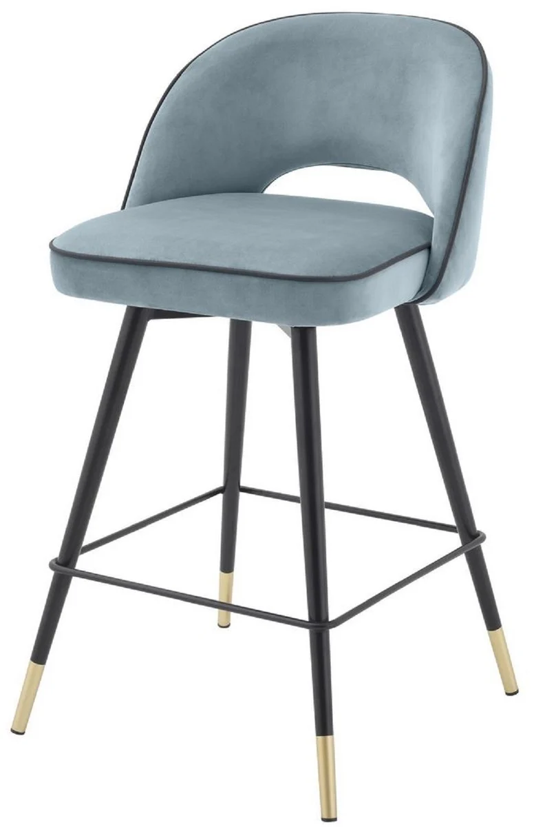 Casa Padrino Luxus Barstuhl Set Blau / Schwarz / Messingfarben 51 x 52 x H. 92,5 cm - Barstühle mit drehbarer Sitzfläche und edlem Samtsoff - Luxus Bar Möbel