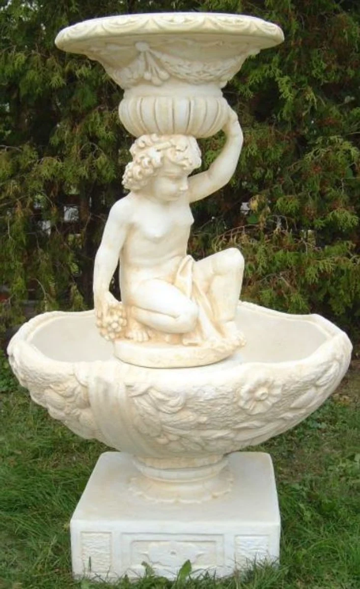 Casa Padrino Jugendstil Gartenbrunnen Weiß / Sandfarben Ø 92 x H. 149 cm - Eleganter Garten Springbrunnen - Barock & Jugendstil Gartendeko Brunnen