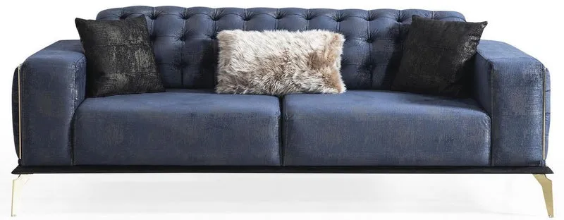 Casa Padrino Luxus Art Deco Chesterfield Sofa Blau / Grau / Schwarz / Messingfarben 236 x 99 x H. 86 cm - Edles Wohnzimmer Sofa mit dekorativen Kissen - Luxus Qualität