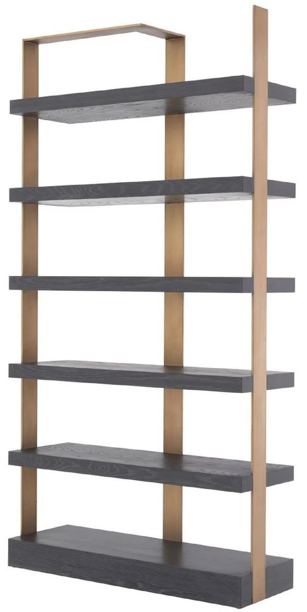 Casa Padrino Luxus Regalschrank Anthrazitgrau / Messingfarben 120,5 x 40 x H. 230 cm - Eichenfurnier Schrank mit Edelstahlrahmen - Bücherschrank - Luxus Wohnzimmer Möbel