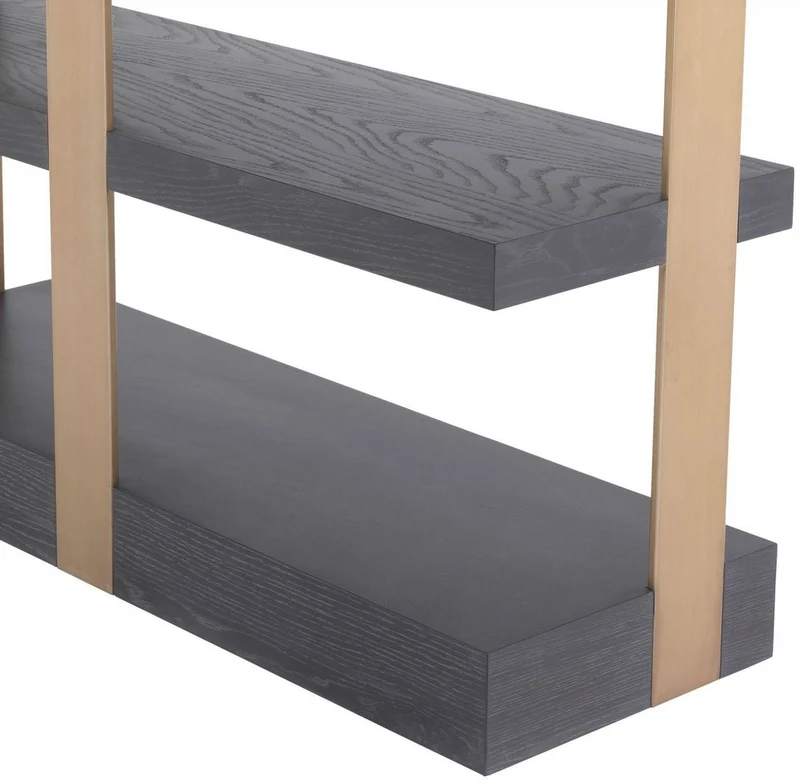 Casa Padrino Luxus Regalschrank Anthrazitgrau / Messingfarben 120,5 x 40 x H. 230 cm - Eichenfurnier Schrank mit Edelstahlrahmen - Bücherschrank - Luxus Wohnzimmer Möbel