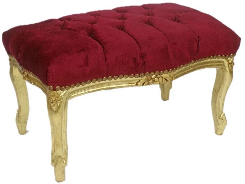 Casa Padrino Barock Fußhocker Bordeauxrot / Gold 60 x 40 x H. 35 cm - Handgefertigter Barock Hocker mit Glitzersteinen - Barockstil Möbel