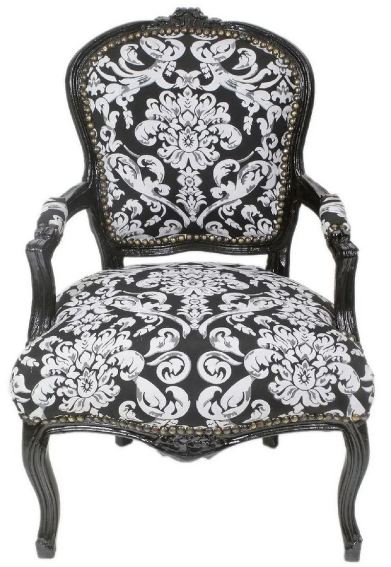 Casa Padrino Barock Salon Stuhl mit Armlehnen und elegantem Muster Schwarz / Weiß 60 x 60 x H. 95 cm - Handgefertigter Antik Stil Stuhl - Möbel im Barockstil