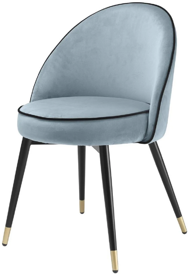 Casa Padrino Luxus Esszimmerstuhl Set Blau / Schwarz / Messing 55 x 64 x H. 83 cm - Esszimmerstühle mit edlem Samtstoff - Esszimmer Möbel