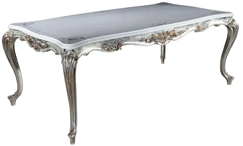 Casa Padrino Luxus Barock Esstisch Weiß / Silber / Gold 207 x 112 x H. 82 cm - Massivholz Esszimmertisch - Edle Barock Esszimmer Möbel