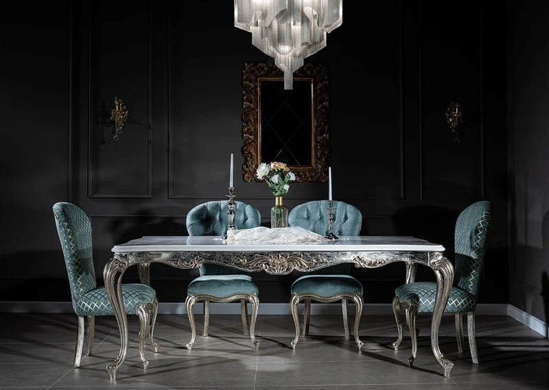 Casa Padrino Luxus Barock Esstisch Weiß / Silber / Gold 207 x 112 x H. 82 cm - Massivholz Esszimmertisch - Edle Barock Esszimmer Möbel