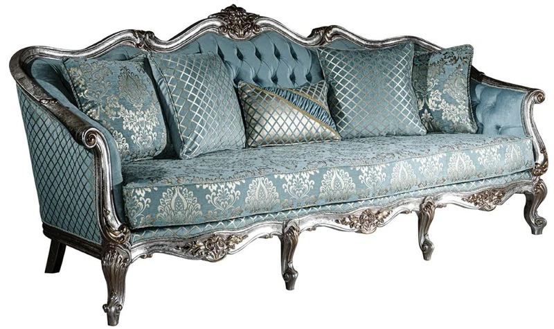 Casa Padrino Luxus Barock Sofa Hellblau / Silber / Gold 238 x 85 x H. 106 cm - Wohnzimmer Sofa mit elegantem Muster und dekorativen Kissen - Barock Wohnzimmer Möbel