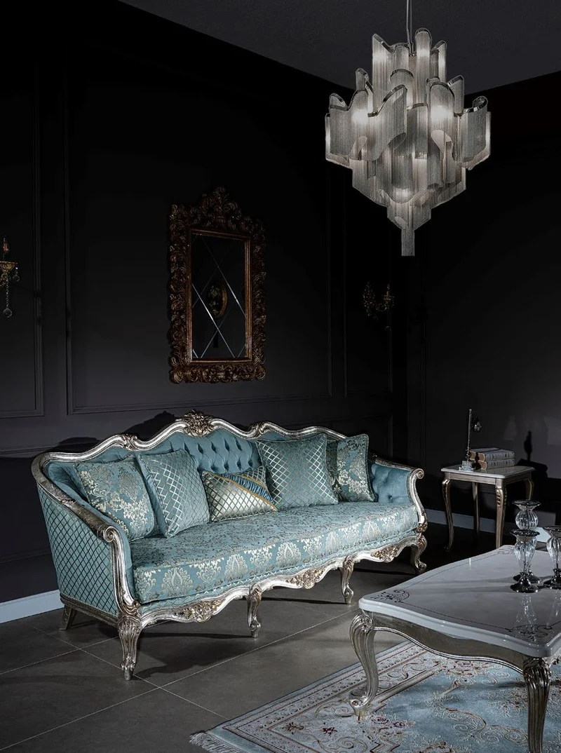 Casa Padrino Luxus Barock Sofa Hellblau / Silber / Gold 238 x 85 x H. 106 cm - Wohnzimmer Sofa mit elegantem Muster und dekorativen Kissen - Barock Wohnzimmer Möbel