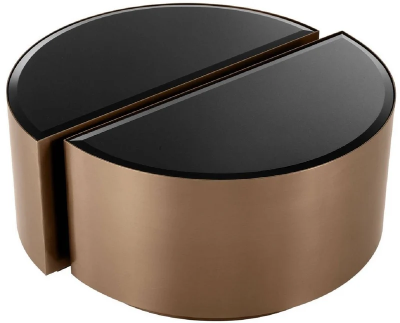 Casa Padrino Luxus Beistelltisch Set Kupferfarben / Schwarz - 2 halbkreisförmige Edelstahl Tische mit abgeschrägten Glasplatten - Luxus Wohnzimmer Möbel