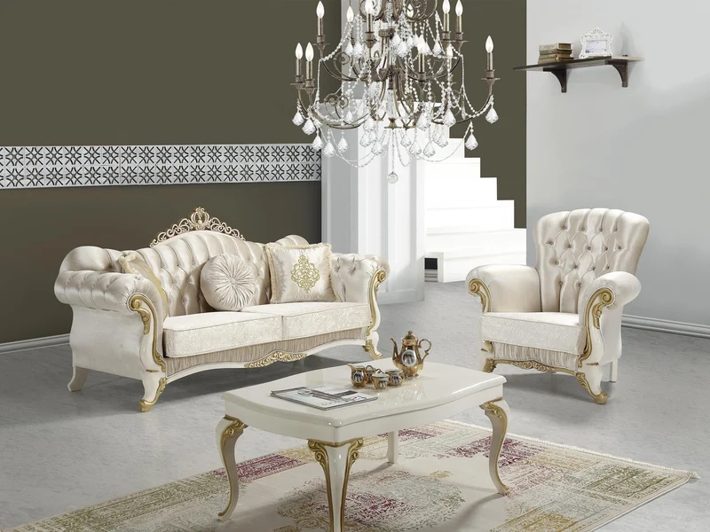 Casa Padrino Barock Wohnzimmer Sofa mit Glitzersteinen Champagnerfarben / Creme / Gold 224 x 83 x H. 112 cm - Wohnzimmer Möbel - Edel & Prunkvoll