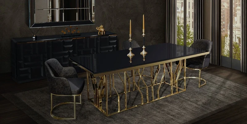 Casa Padrino Luxus Esszimmer Möbel Set Grau / Gold / Schwarz - 1 Esstisch & 6 Esszimmerstühle - Luxus Esszimmer Möbel