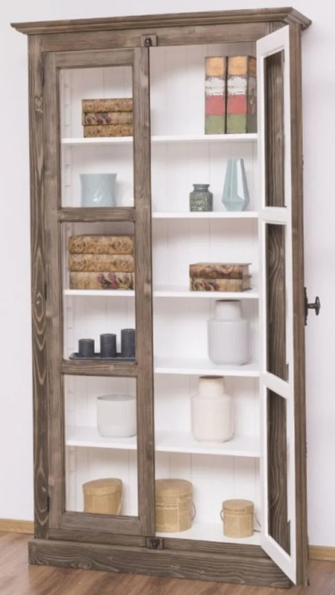 Casa Padrino Landhausstil Vitrine Braun / Weiß 109 x 40 x H. 210 cm - Massivholz Schrank mit 2 Glastüren - Vitrinenschrank - Landhausstil Möbel