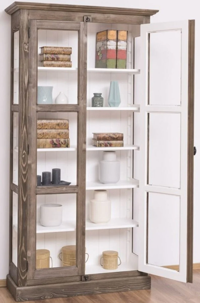 Casa Padrino Landhausstil Vitrine Braun / Weiß 109 x 40 x H. 210 cm - Massivholz Schrank mit 2 Glastüren - Vitrinenschrank - Landhausstil Möbel