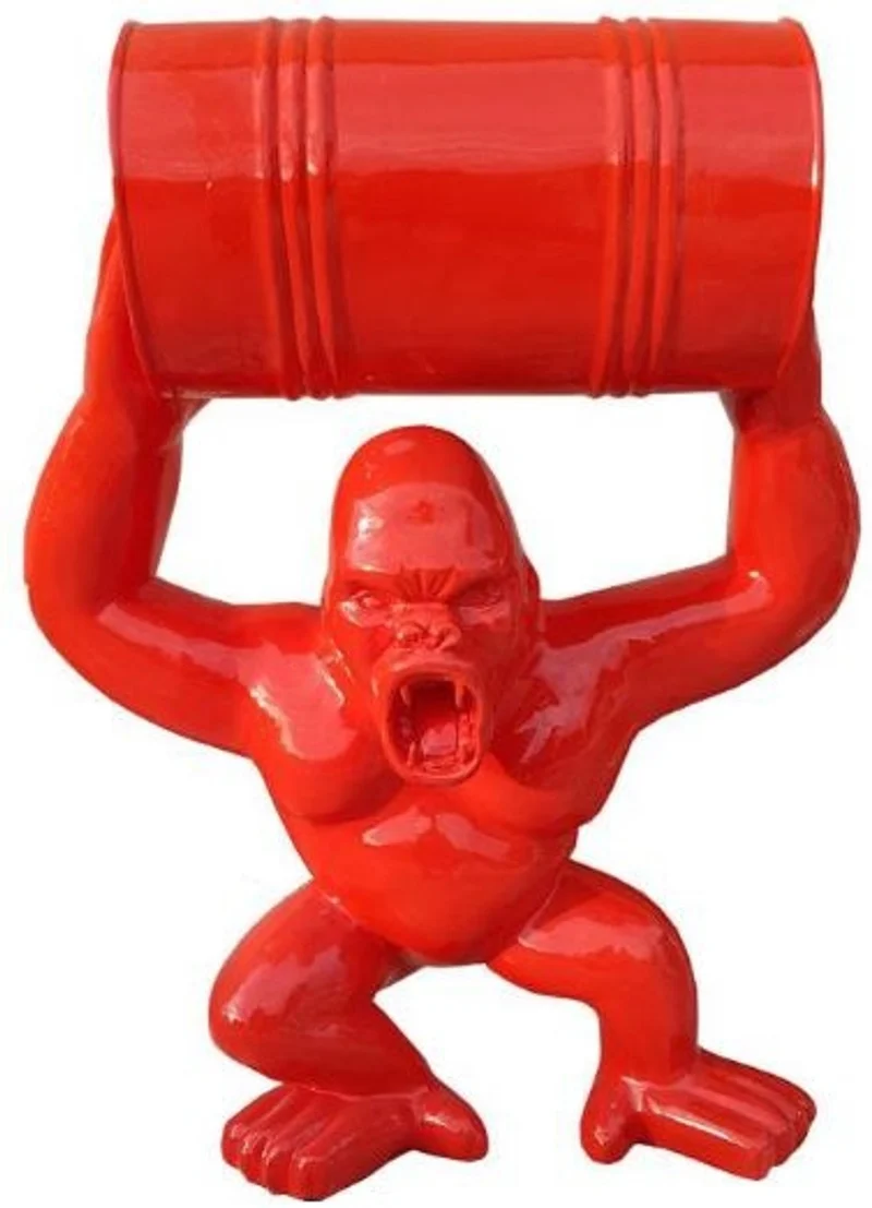 Casa Padrino Designer Deko Skulptur Gorilla Affe mit Fass Rot H. 100 cm - Wetterbeständige Dekofigur - Designer Deko Tierfigur