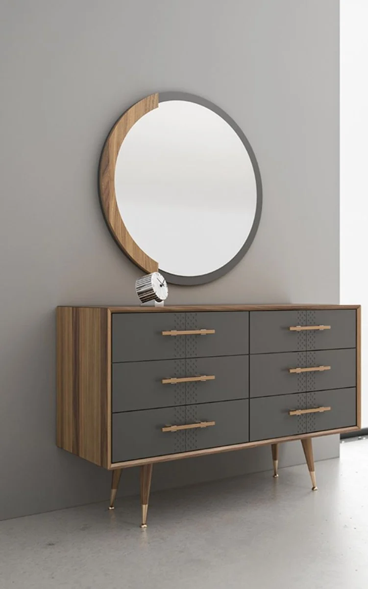 Casa Padrino Luxus Schlafzimmer Set Braun / Grau / Messingfarben - 1 Kommode mit 6 Schubladen & 1 Wandspiegel - Schlafzimmer Schrank mit Spiegel - Schlafzimmer Möbel - Luxus Kollektion