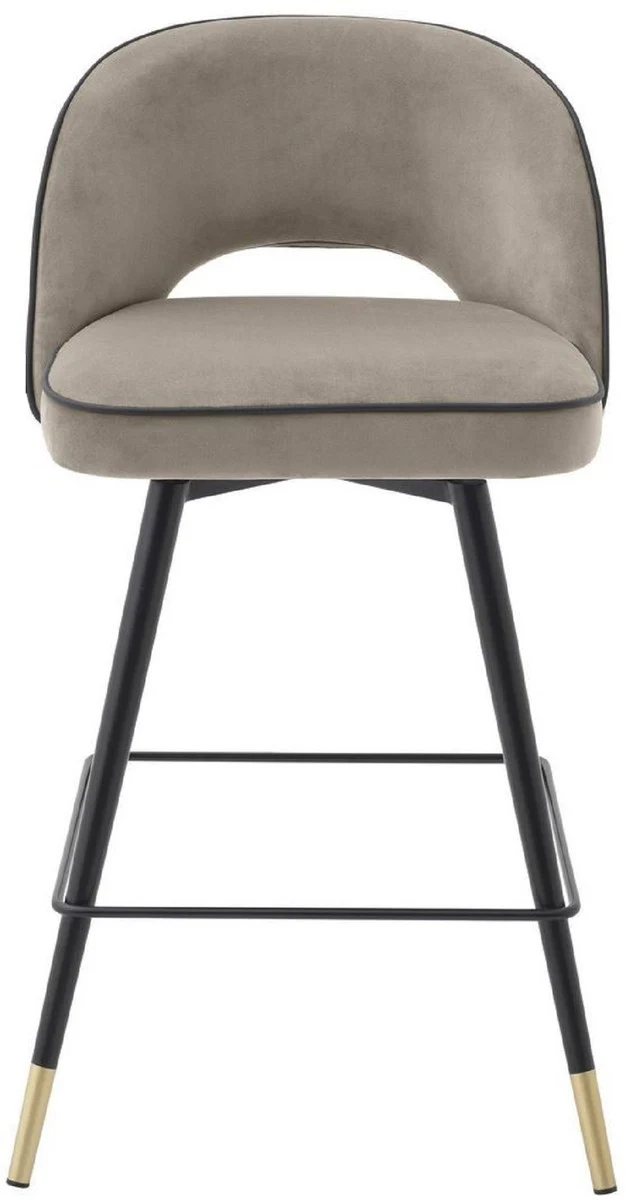 Casa Padrino Luxus Barstuhl Set Greige / Schwarz / Messingfarben 51 x 52 x H. 92,5 cm - Barstühle mit drehbarer Sitzfläche und edlem Samtsoff - Luxus Bar Möbel