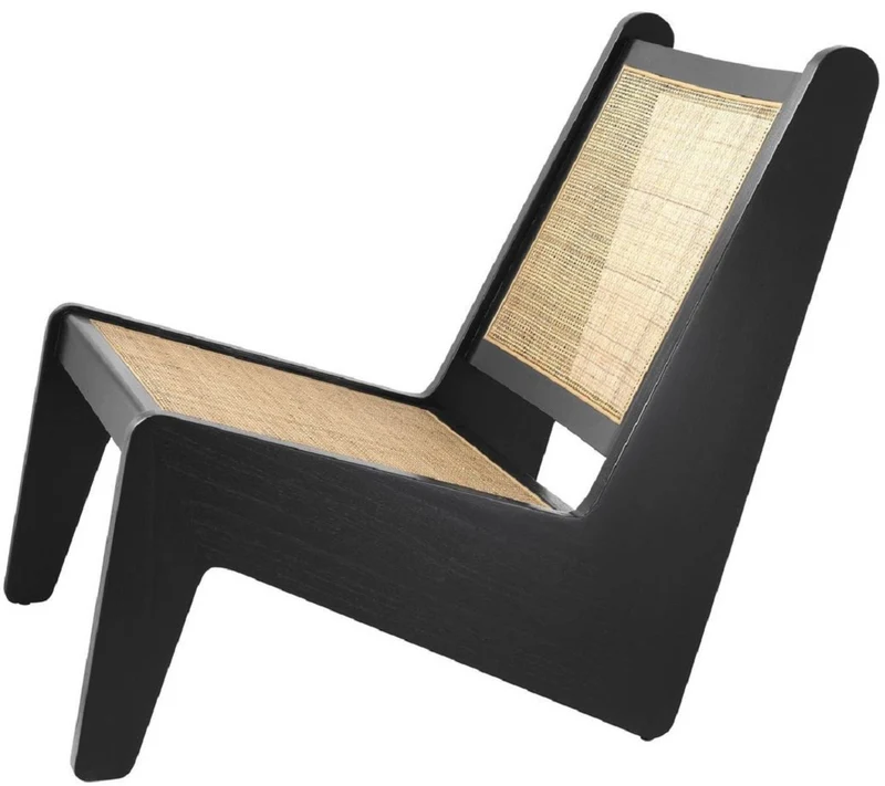 Casa Padrino Designer Wohnzimmer Sessel Schwarz / Naturfarben 75 x 89 x H. 77,5 cm - Massivholz Sessel mit handgewebtem Rattangeflecht - Luxus Möbel