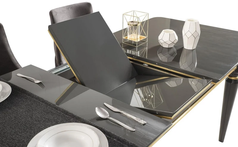 Casa Padrino Luxus Art Deco Esstisch Grau / Gold 170-208 x 90 x H. 76 cm - Edler ausziehbarer Esszimmertisch - Art Deco Esszimmer Möbel