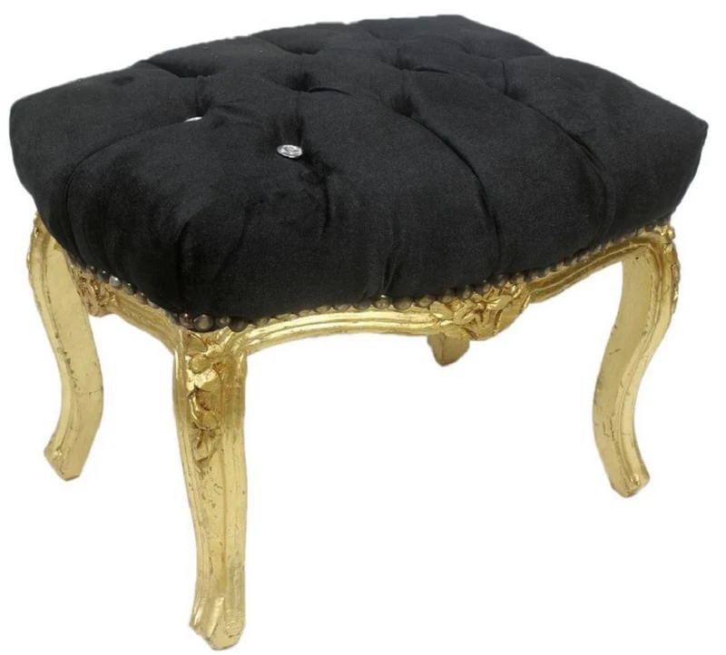 Casa Padrino Barock Fußhocker Schwarz / Gold 50 x 40 x H. 35 cm - Handgefertigter Barock Hocker mit Glitzersteinen - Barockstil Möbel