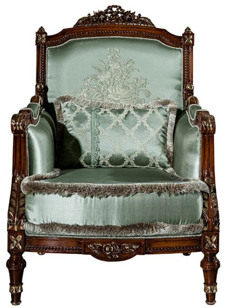 Casa Padrino Luxus Barock Wohnzimmer Set Hellgrün / Braun - 2 Sofas & 2 Sessel & 1 Couchtisch - Prunkvolle Wohnzimmer Möbel im Barockstil